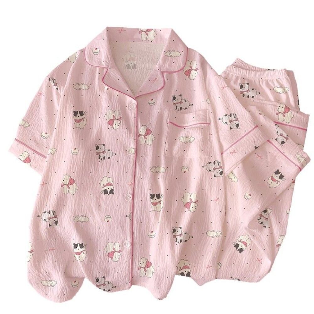 Womens M Pink Cats Dogs Print Pajama Set Button Up Short Sleeve Shirt Pants Cute